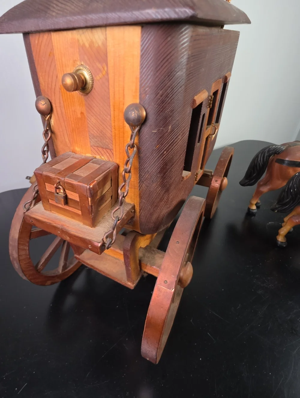 Wooden Stagecoach and Pair of Horses - Brown and Black